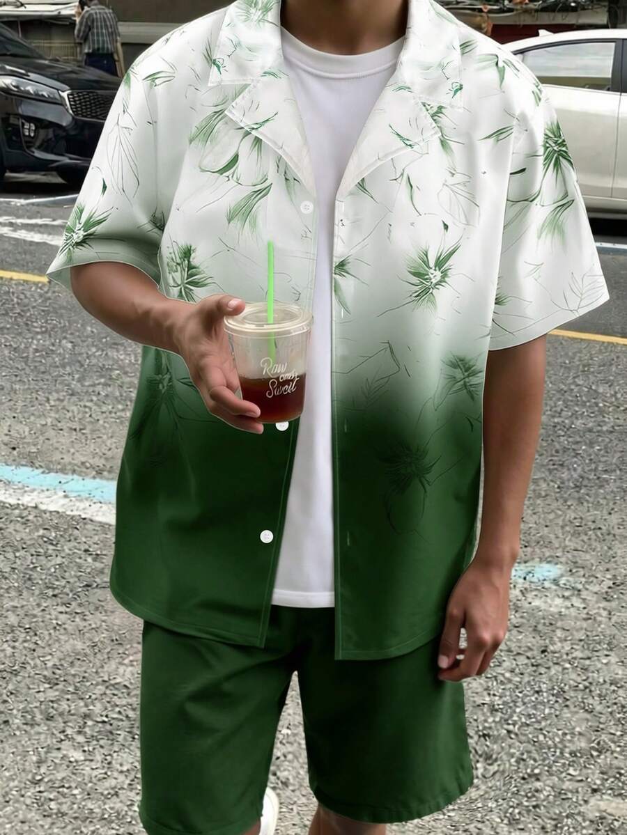 Fantacosmos 2pcs Teenage Boy Gradient Print Shirt Set, Minimalist Gradient Green & White Shirt With Fresh, Non-Gaudy Plant Elements, Paired With Matching Pants For A Clean, Proper Boy Outfit, Spring/Summer - Green - View 1