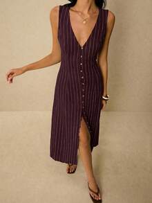 Poéselle 女士优雅通勤条纹前扣无袖连衣裙，夏季 - 咖啡棕 - 查看 6