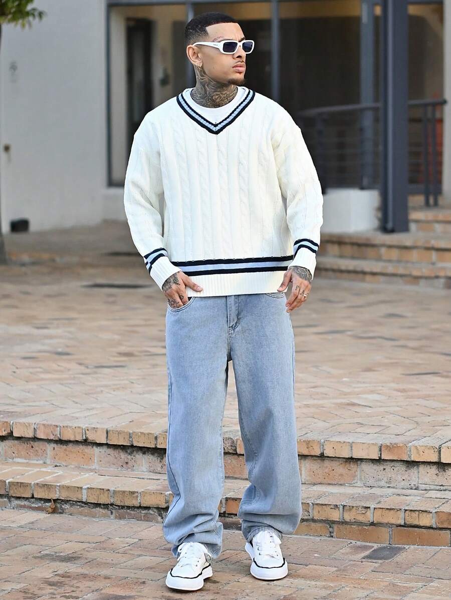 Devon Thys 寬鬆版型男士棉質牛仔褲，斜口口袋喇叭口長褲冲浪滑板褲貨運褲平口淺藍色休閒日出遊Y2K風格喜劇之友 - 淺色水洗藍 - 查看 1