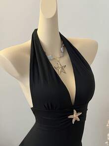 INAWLY 优雅修身V领挂脖连体泳衣，搭配高开衩长裙，性感沙滩泳池泳装 - 黑色 - 查看 5