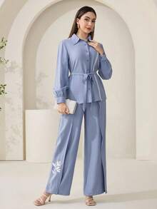 Veilorie Women's Front Button Long Sleeve Casual Elegant Shirt And Pants 2 Pieces Set - Blue - View 7