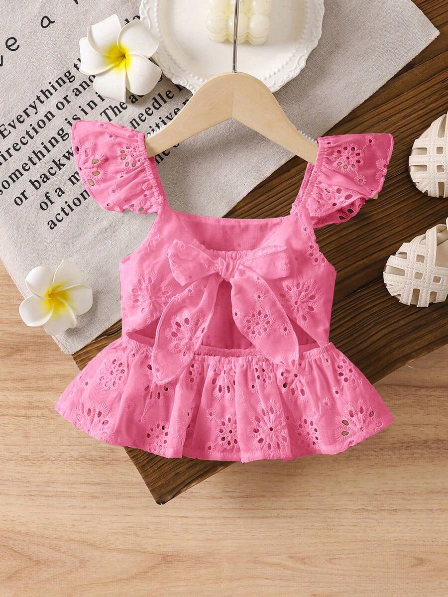 SHEIN LMoss Kids 女宝宝可爱夏季度假百搭白色刺绣蝴蝶结吊带背心 - 粉色 - 查看 1