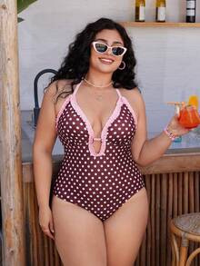 Swim Mod 大码女式波点印花褶皱领连体泳衣，甜美少女风 - 棕色 - 查看 7