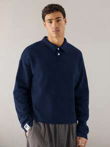 SWAVVY Men's Knitted Casual Daily Loose Fit Long Sleeve Half-Placket Polo Shirt - Navy Blue - View 3