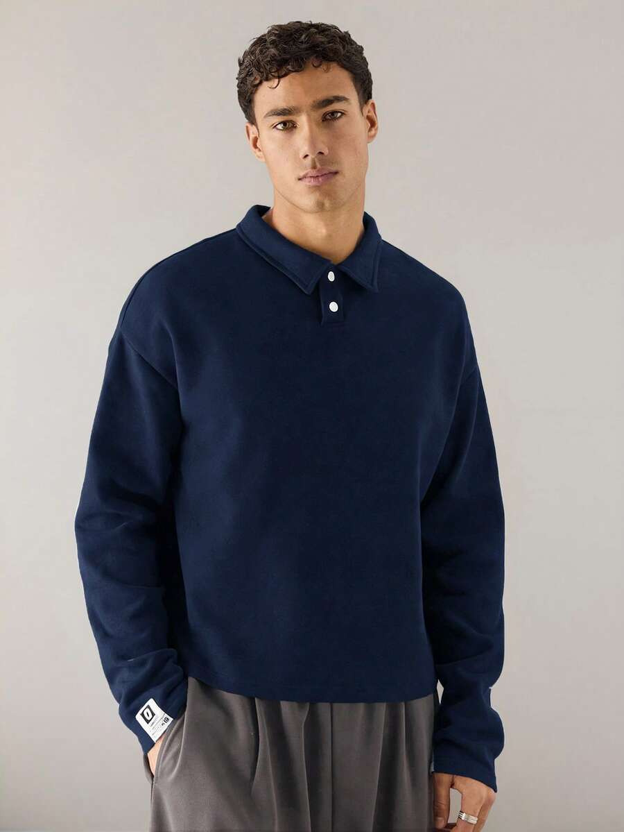 SWAVVY 男士针织休闲日常宽松长袖半开襟 Polo 衫 - 藏蓝色 - 查看 1