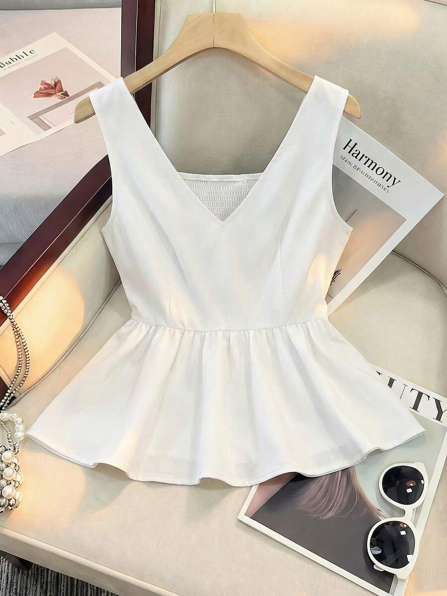SHEIN Franclia 女士褶皱时尚工作通勤派对毕业日常修身吊带背心 - 白色 - 查看 1