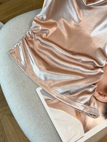 Franclia 女士春夏时尚深V领弹力缎面褶皱修身性感露背不对称短袖T恤 - 香檳色 - 查看 7