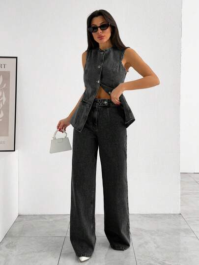 EURMUSE 2pcs/Set Plain Front Button Sleeveless Denim Top And Casual Denim Pants