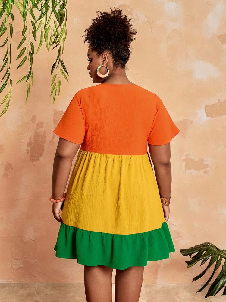 Plus Size Women Colorblock Round Neck Short Sleeve Ruffle Hem Casual Dress