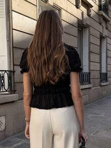 Pariaura Soft, Stretchy & Lightweight Lace Short Sleeve T-Shirt, Women's Summer T-Shirt, Women's Summer Holiday Outfit T-Shirt - Black - View 2