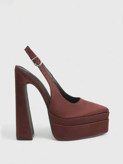 CUCCOO LuxiPop Women Shoes Outdoor Women's Pointed Thick High Heel Double-Layer Waterproof Table Satin Fabric Stylish, Simple And Comfortable Buckle For Daily Parties And Banquets Dew Heel Solid Color Shoes