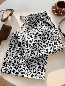 SHEIN EZwear 女士休闲豹纹抽绳腰长裤 - 黑與白 - 查看 4