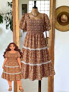 Rusticease 大码夏季度假碎花撞色蕾丝花瓣袖连衣裙 - 彩色 - 查看 3