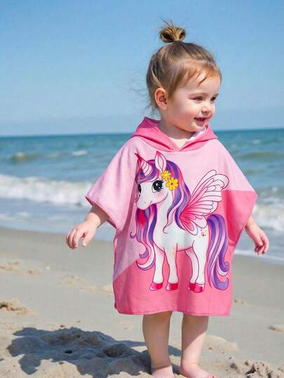 SHEIN Baby Girls Colorful Unicorn Printed Swimsuit, Cute Digital Print Beachwear, Fashionable Casual Swimwear Cover-Up For Summer