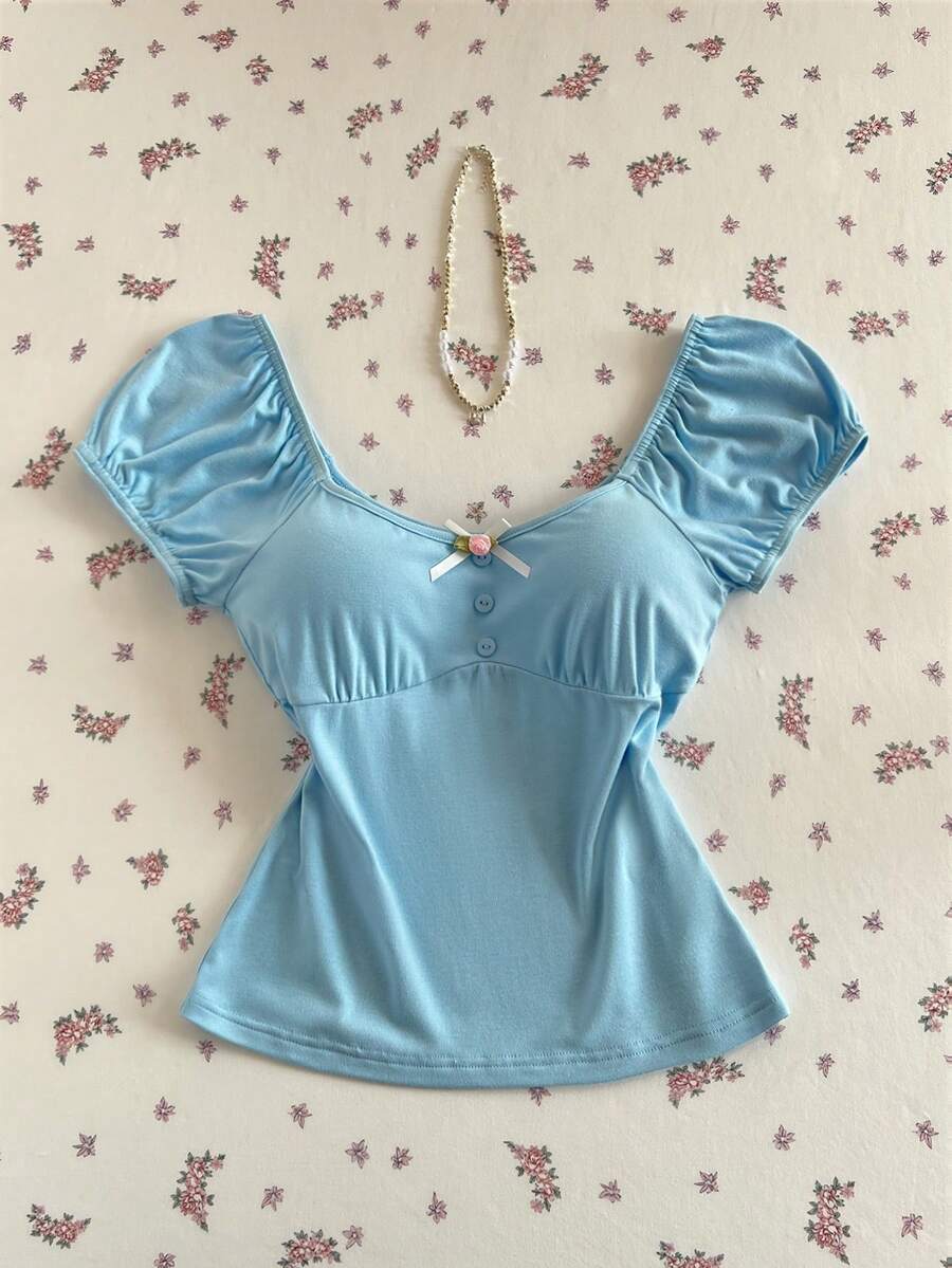 Elamini 2026春夏女式蝴蝶结花瓣袖短袖T恤，修身圆领上衣 - 藍色 - 查看 1