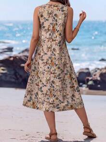 Sylviya Đầm midi dáng chữ A không tay cổ tròn in hoa, kiểu dáng thường ngày thanh lịch dành cho nữ, thích hợp mặc mùa hè, mùa xuân hoặc đi nghỉ mát. - Nhiều màu - Xem 2