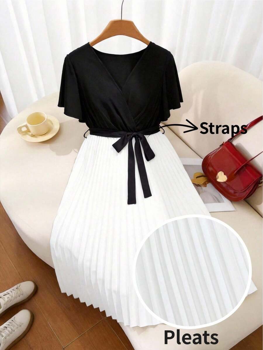 SHEIN LUNE SHEINLUNE 大码女式彩虹褶皱V领灯笼袖系腰连衣裙 毕业礼服 婚礼宾客礼服 女士度假装 女士沙滩装 节日连衣裙 生日礼服 女士骄傲日礼服