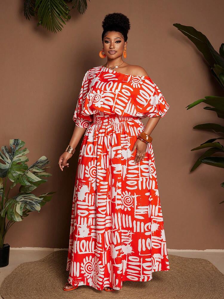 Maweii Robe imprimée décontractée à manches courtes mode grande taille pour le port de tous les jours - Orange - Voir 4