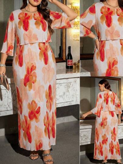 Reflora Vestido de manga corta con estampado integral para mujer de talla grande