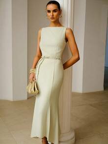 ZEYLAH 极简主义亚麻束腰美人鱼连衣裙，春夏款 - 薄荷綠 - 查看 1