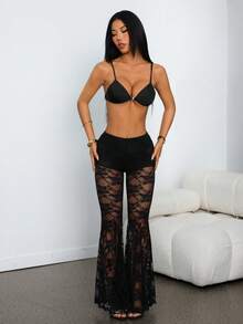 SHEIN PETITE Quần tất lưới màu đen đính đá lấp lánh, kiểu dáng gợi cảm cho các bữa tiệc tối, mùa thu đông. - màu đen - Xem 7