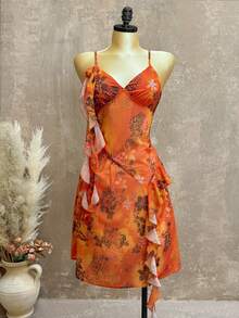 INAWLY Women's Floral Print Spaghetti Strap Mid-Length Dress - Orange - View 3