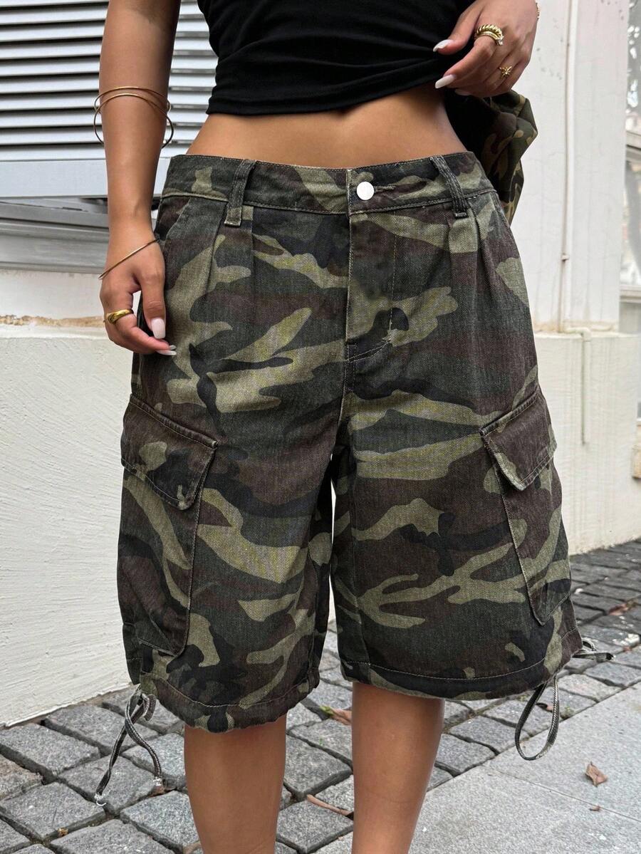 SHEIN ICON Quần short denim Cargo họa tiết camo cỡ lớn - màu xanh lá - Xem 1