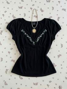 Elamini 女士V领时尚刺绣花卉短袖T恤，春夏款 - 黑色 - 查看 1