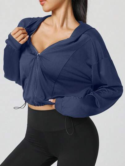 Nueva chaqueta corta con capucha de protección solar de cintura elástica negra, Chaqueta con capucha y dobladillo con cordón para mujer de uso activo, chaqueta deportiva casual con cremallera corta para fitness, yoga y exteriores