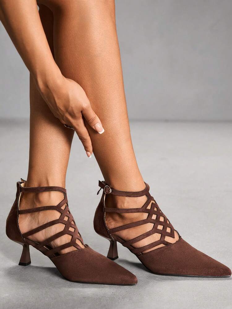 CUCCOO SZL Women Shoes Hollow-Out Design Pointed High Heel Shoes Sexy Faux Suede Coffee Brown High Heel Shoes Party Dating Daily
