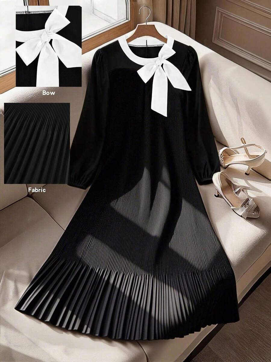 GlowEve CURVE Plus Size Women's Bow Decor Color Block Pleated Fashion Date Party Dress, Suitable For Summer - Black - View 1