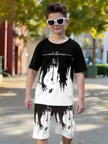 2pcs/Set Boys' Casual Gradient Letter Print Short Sleeve T-Shirt And Shorts Set, Comfortable Daily Wear For Spring, Summer & Autumn - Multicolor - View 3
