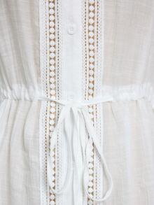 Swim Lushoire 女士夏季沙滩圆领前开襟长袖拼接镂空蕾丝抽绳腰带度假休闲和服连衣裙 - 白色 - 查看 3