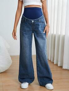 SHEIN Quần jean denim dáng rộng thoải mái cho bà bầu, thích hợp mặc hàng ngày. - Rửa trung bình - Xem 7