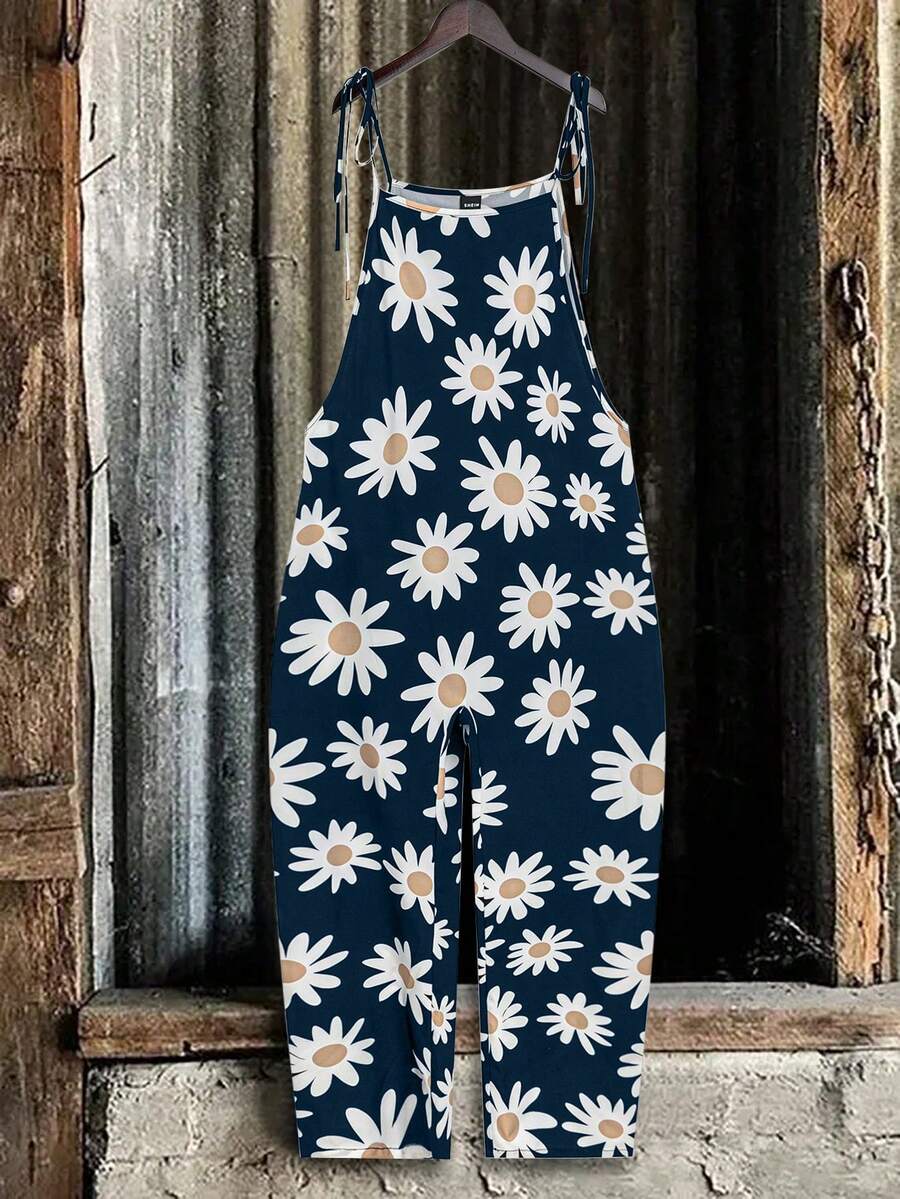 EMERY ROSE Women's Summer Casual Floral Print Tie-Shoulder Jumpsuit - Navy Blue - View 1