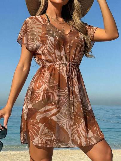 Swim Lushoire Women's Beach Vacation Casual V-Neck Printed Cover-Up