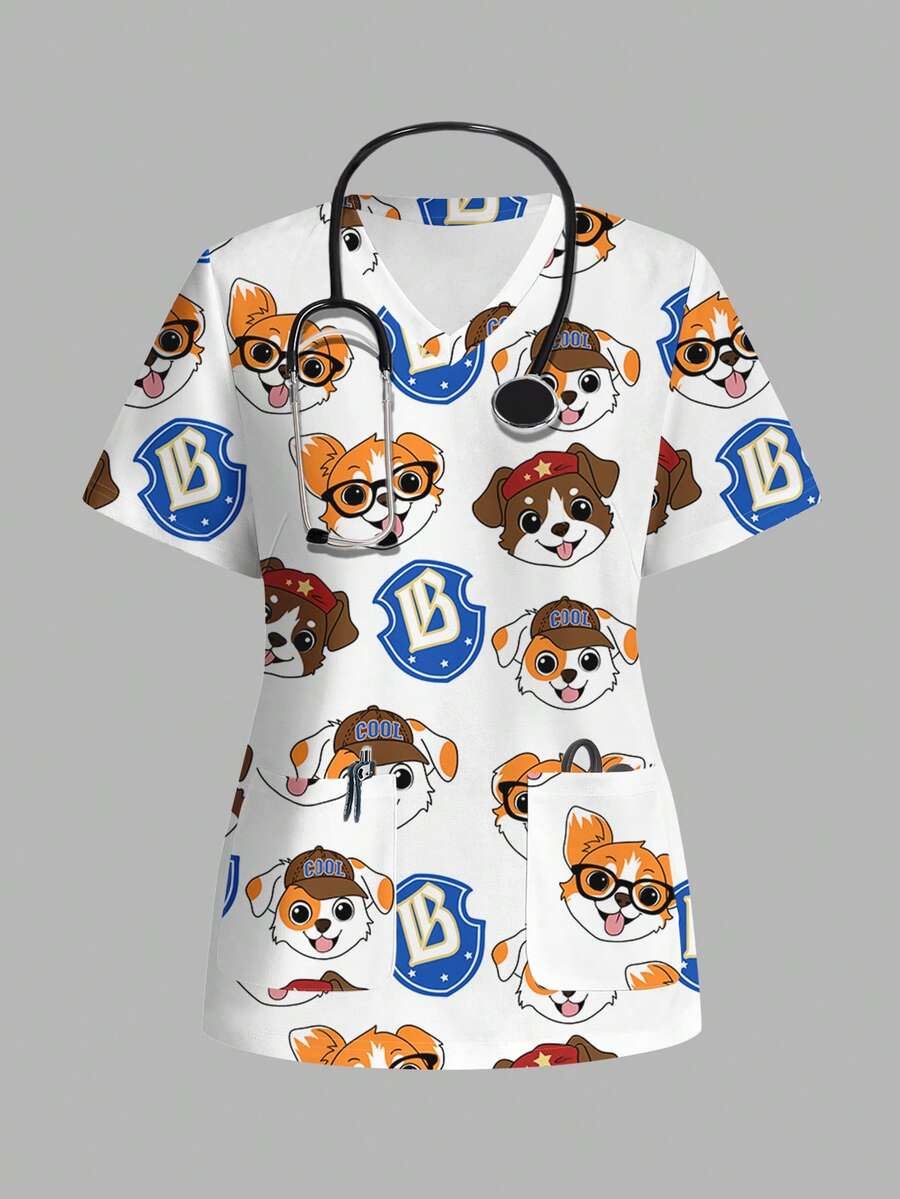 TaskEZ Women's V-Neck Allover Print Casual Minimalist Scrub Short Sleeve Top - Multicolor - View 1