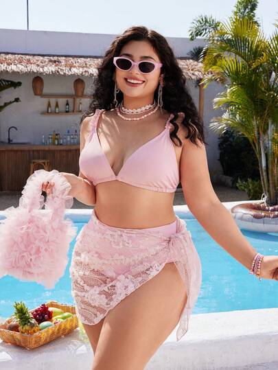 Swim Vcay Plus Size 3-Piece Swimsuit, Women's Solid Color Ruffled Sexy Bikini Set With Lace Trim, Suitable For Beach Vacation