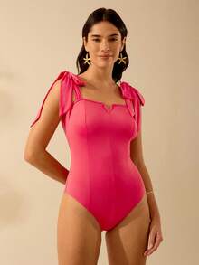 CAJUNI 女士小 V 领粉色系带紧身衣，度假休闲海滩夏季紧身衣 - 粉色 - 查看 3