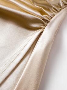 GlowEve Women's Elegant Solid Color Satin Ruched Waist Asymmetric Hem Dress - Apricot - View 6