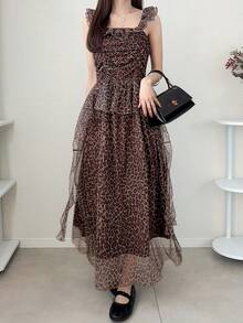 FRIFUL Women's Elegant Summer Long Dress,Brown Checkered Leopard Print Mesh Fabric Decor Frill Trim Cap Sleeve Sweet Layered Boho Sun Vacation Outfits - Brown - View 2