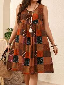 EMERY ROSE Plus Size Leisure Patchwork Printed Sleeveless Dress,Boho For Women/Summer,Western Wear Women,Vacation Outfits Woman - Mocha Brown - View 1