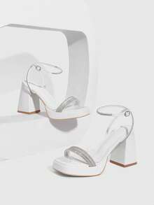 CUCCOO SZL Sandalias de mujer con tira de tobillo y punta cuadrada con rhinestones para Navidad - Blanco - Ver 1