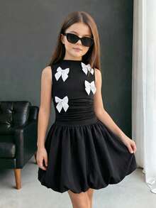 Tween Girls' Elegant Bowknot Collar Sleeveless Fitted Low Waist Bubble Hem Short Dress, Suitable For Vacation And Evening Party, Spring/Summer - Black - View 2