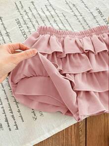 SHEIN Babygirl Summer Cute Vacation Casual Versatile Pink Ruffle Elastic Waist Mini Skirt - Pink - View 4