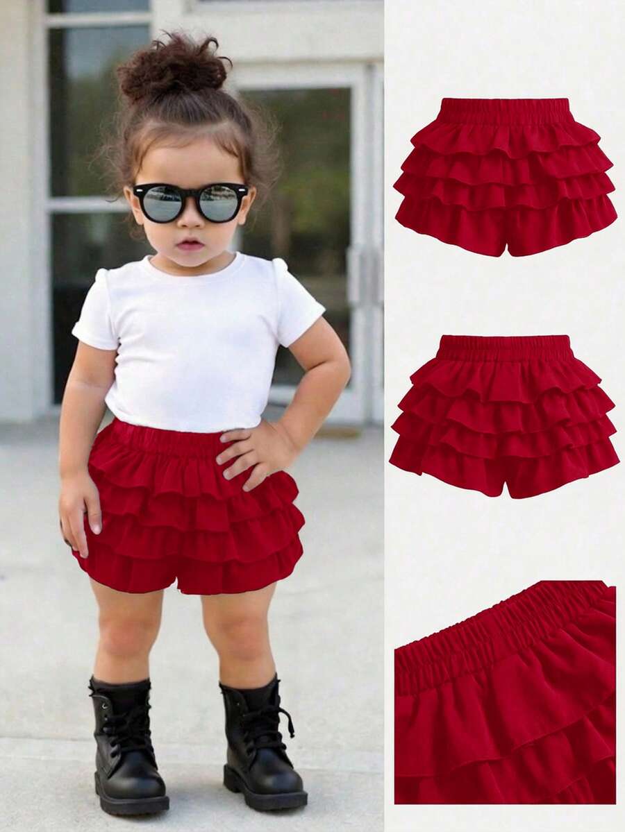 Babygirl Summer Cute Casual Versatile Black Ruffle Elastic Waist Mini Skirt - Red - View 1