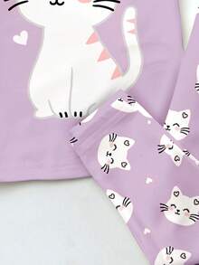 Baby Girl Cute Purple Holiday Summer Clothes,Cartoon Animal Cat Print Round Neck Short Sleeve Top And Pants 2pcs Snug Fit Homewear Set,Kids Fashion - Multicolor - View 6