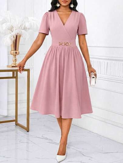 SHEIN Lady Women Solid Color V-Neck Short Sleeve Dress