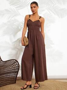 Gownix Women's Brown And Gold Summer Casual Vacation Holiday Jumpsuit,V-Neck Spaghetti Strap Sleeveless Wood Button Wide Leg Boho Romper,Ruched Playsuits - Brown - View 3