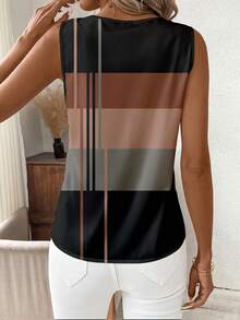 EMERY ROSE 女士休闲加大码V领条纹衬衫，无袖，常规版型，多色梭织面料，春夏度假必备单品，优雅潮流女装，夏季休闲时尚女式衬衫 - 彩色 - 查看 2